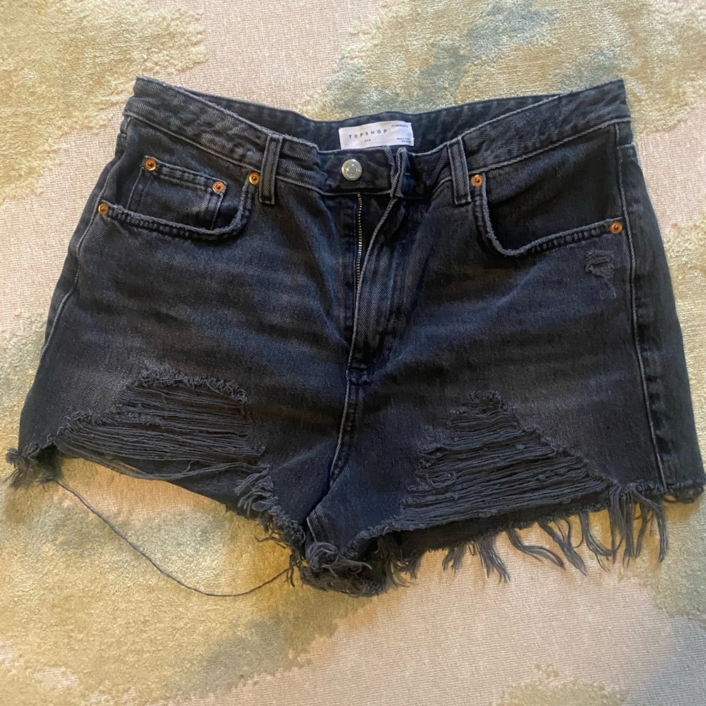Topshop Faded Black A Line Ripped Mom Shorts